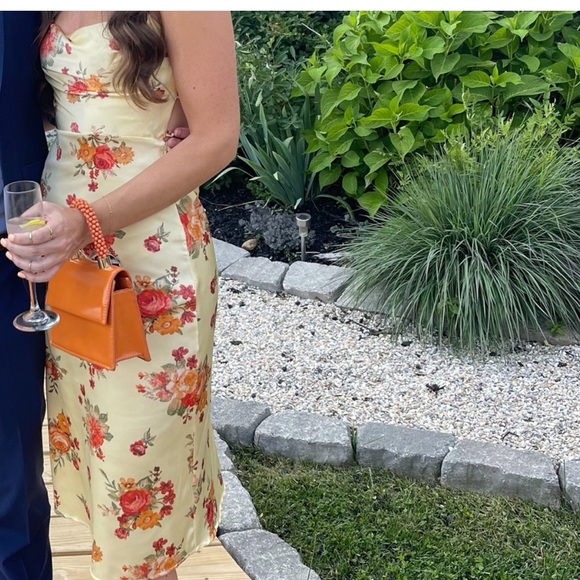 Danielle Bernstein Golden Hour Yellow Red Floral Tie Back Satin Dress NWOT XS - Picture 2 of 16